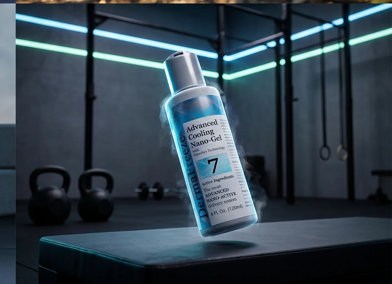 Night gym with kettlebells, cooling Dermafreeze roll-on with cold mist