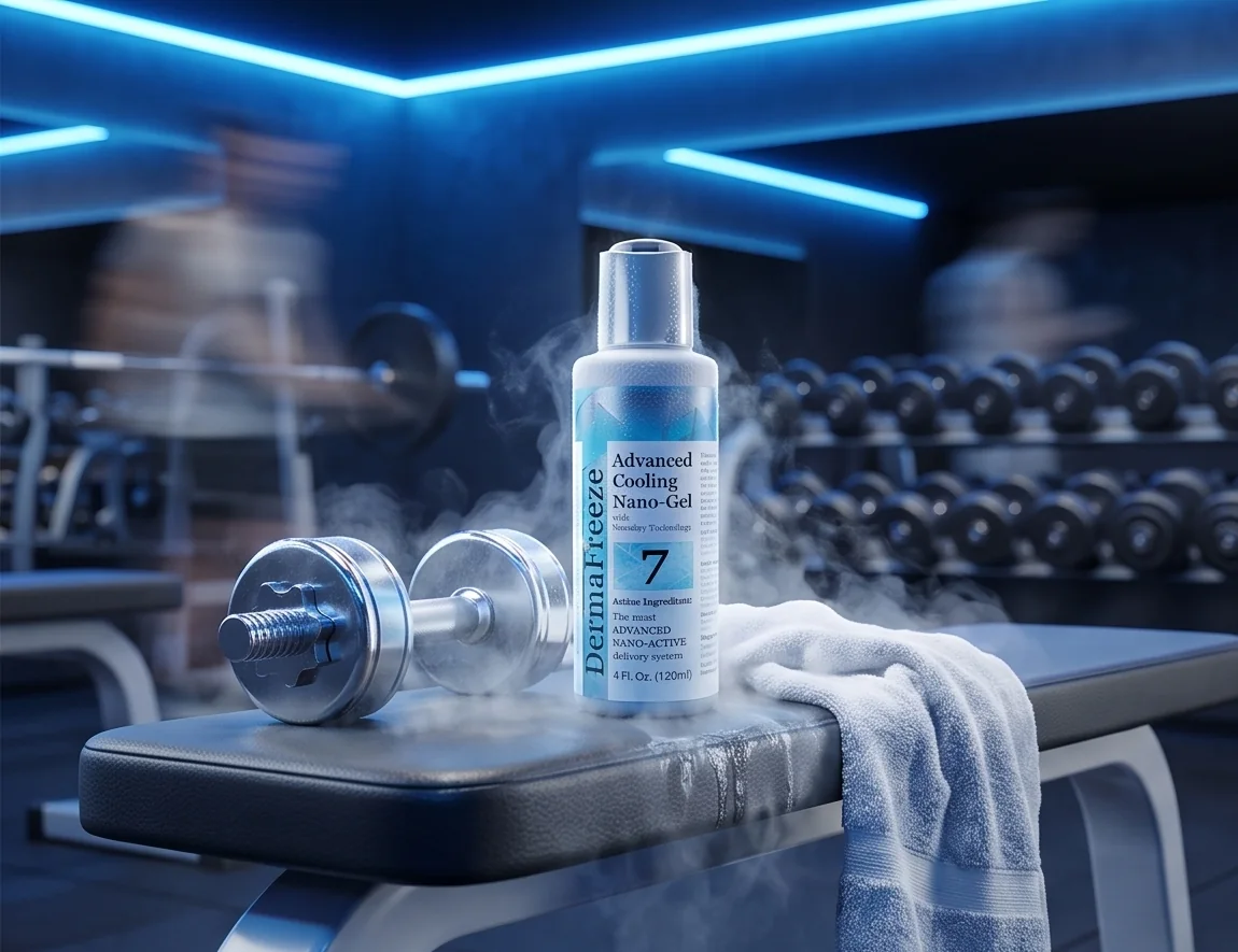 Dark gym at dawn, cooling Dermafreeze roll-on with cold mist on a bench
