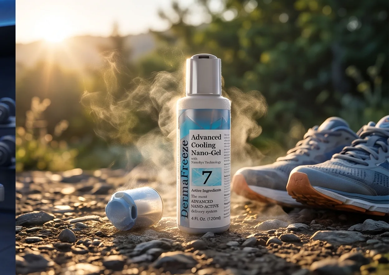 Golden-hour trail run, Dermafreeze roll-on in mist by the running shoes