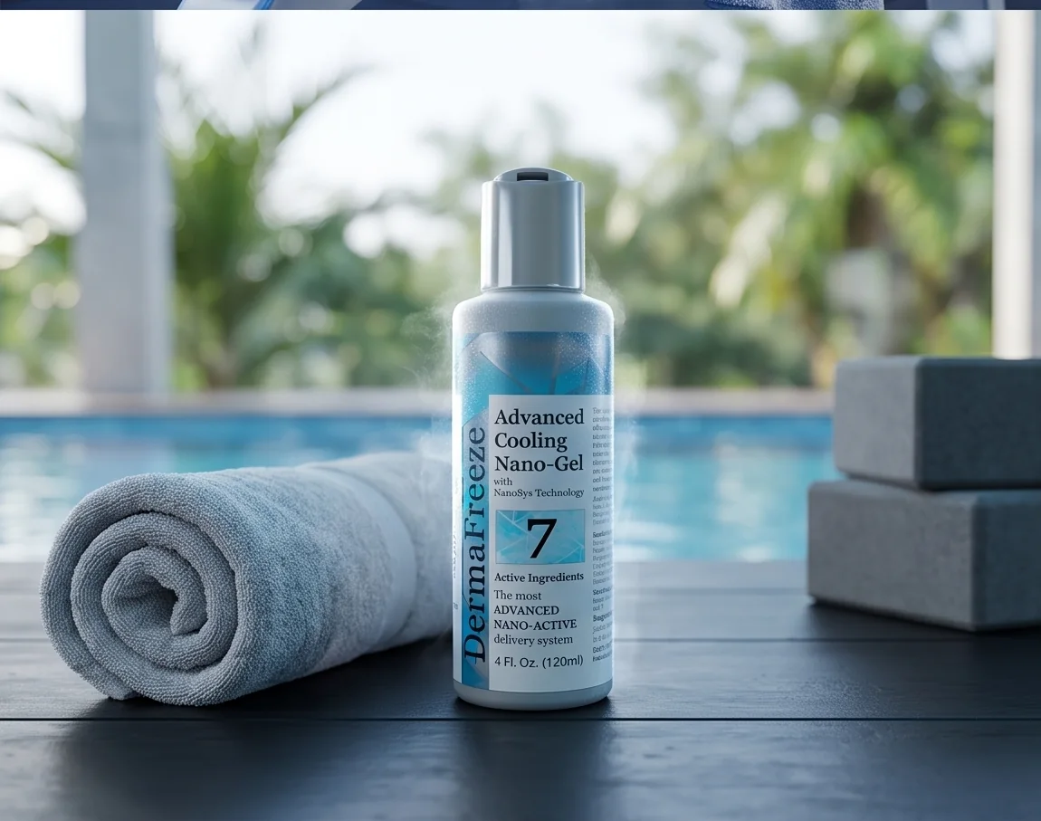 Daylit poolside gym, cooling Dermafreeze roll-on on a bench with a rolled towel
